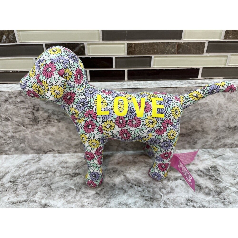Victorias Secret VS PINK Floral Love Dog Plush Stuffed Animal 6" Yellow, Blue